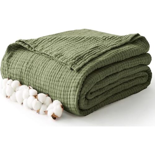 100% Cotton Muslin Blanket Twin 60" x 80", Breathable and Lightweight Cotton Twin Blankets for Couch, Soft Cooling Summer Gauze Blanket for Adults All Season, Olive Green