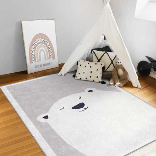 Polar Bear Nursery Rug|Scandinavian Kids Room Carpet|Cartoon Bear Play Mat|Minimalist Children Room Mat|Animal Kids Rug|Machine Washable Rug