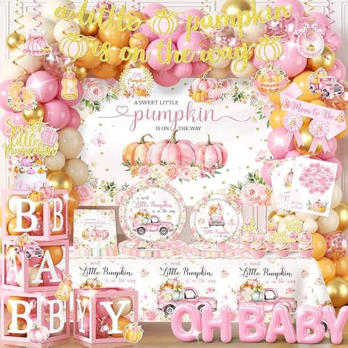 249pcs Little Pumpkin Baby Shower Decorations for Girl,A Sweet Little Pumpkin is On the Way Baby Shower,Pink Pumpkin Floral Balloons Plates Boxes Tablecloth for Fall Thanksgiving Autumn Party Decor