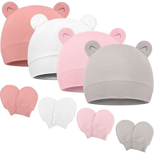 Newborn Baby Hats and Mittens Set Bear Ear Baby Beanie No Scratch Cotton Infant Caps Gloves Newborn Hats for Boys Girls