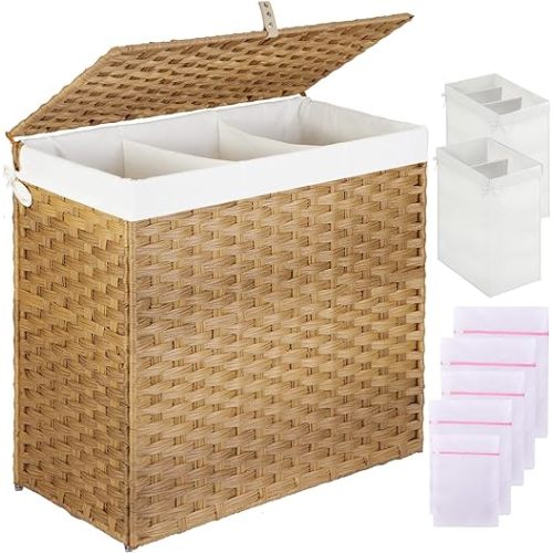 Greenstell Laundry Hamper with Lid, 125L Large Clothes Hamper with 3 Section & 2 Section Removable Liner Bags & 5 Mesh Laundry Bags, Handwoven Synthetic Rattan Divided Laundry Basket, Natural