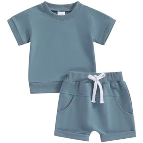 Thorn Tree Toddler Boys Clothes Set Short Sleeve T-shirt Top Elastic Waist Pocket Shorts Solid 2Pcs Outfits