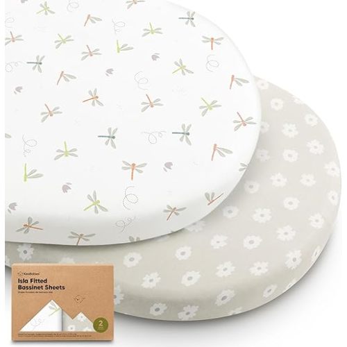 2-Pack Baby Bassinet Sheets Girl, Boy - Viscose Derived from Bamboo Fitted Bassinet Sheets Compatible with Halo Bassinest Swivel Sleeper, Baby Delight, Graco Bedside Bassinet Mattress Sheet (Meadow)