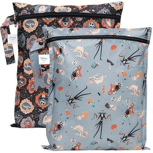 Bumkins Disney Waterproof Wet Bag for Baby, Travel, Swim Suit, Cloth Diapers, Pump Parts, Pool, Beach, Gym Clothes, Toiletry, Hook to Stroller, Daycare, Zip Reusable, 2-pk Nightmare Before Christmas