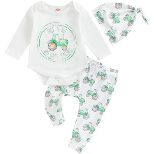 MAYUMMPY Newborn Baby Boy Girl Tractor Outfit Long Sleeve Rompers+Pants+Hat Set Infant Fall Winter Farm Clothes