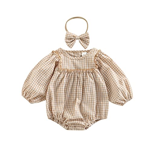 Douhoow Infant Baby Girl Plaid Romper Baby Sweatshirt Romper Ruffle Festival Clothes Fall Winter Outfits with Headband