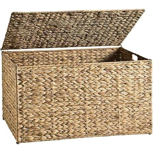 Water Hyacinth Storage Basket with Lid, 17.2 Gallon (65L) Wicker Storage Trunk with Handles, Handwoven Wicker Storage Bin for Blanket, Foldable, for Living Room, Laundry Room, Natural