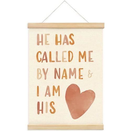 PLKMN Christian Nursery Wall Decor, He Has Called Me by Name Wall Art with Wooden Poster Hanger, Boho Heart Christian Wall Decor for Nursery Kids Room Sunday School Preschool Classroom, 12x16 Inch