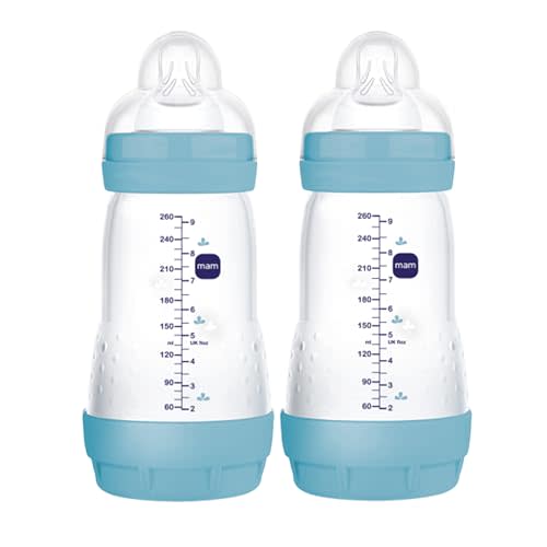 MAM Easy Start Matte Anti-Colic Baby Bottles, Medium Flow Nipples, Baby Boy, 9 oz (2 Count), Blue