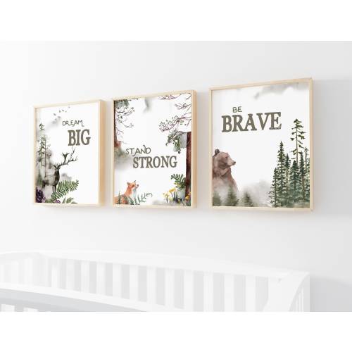 Woodland Nursery Prints - Set of 3 - New Baby Wall Decor - Forrest Animal Theme - Be Brave - Stay Strong - Dream Big - winter baby shower
