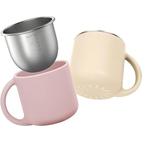 2-IN-1 Open Baby Cups, Stainless Steel Tiny Cup + Silicone Training Cup for Toddlers Kids Babys, No Plastic Taste | No Soap Smell | Shock-proof BLW Feeding Essentials, 2-Pack, Blush/Beige