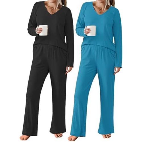 Ekouaer 2 Pack:Womens Ribbed Knit Pajama Set with Pockets Long Sleeve PJs V Neck Soft Loungewear Loose Matching Outfits Set