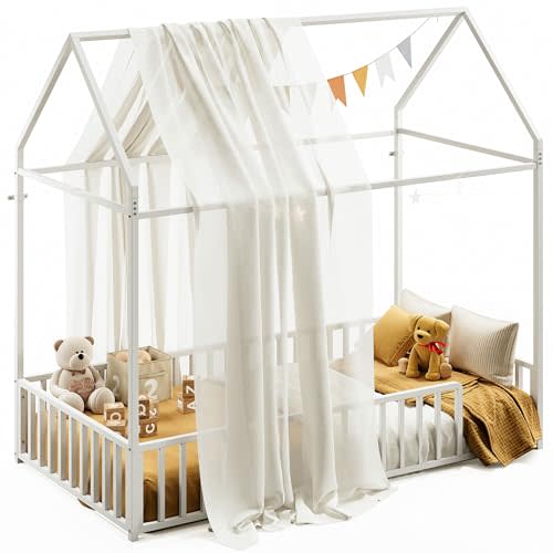 LIKIMIO Twin Floor Bed Frame with Roof & Fence Guardrails Metal House Bed for Bedroom, Easy Assemble, No Box Spring Needed, White