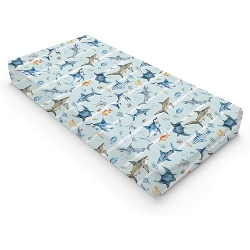 Blue Sharks Baby Changing Pad Covers Sea Animals Sharks Stripes Nursery Diaper Changing Table Sheets for Boy Girl Ocean Fishes Corals Nautical Life Soft Breathable Stretch Change Table Mat 32''x16''