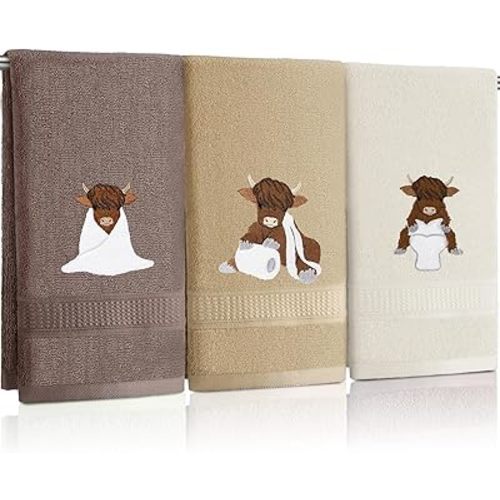3 Pcs Highland Cow Hand Towels Embroidered Cow Farmhouse Decorative Bathroom Towels for Bathroom Kitchen Decor, 100% Cotton, 13.3 x 29.5''