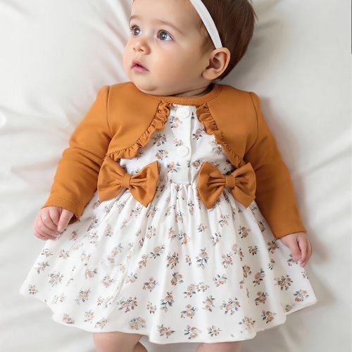 Long-sleeve Patchwork Bow-tie Dress Paired with a Cute Headband