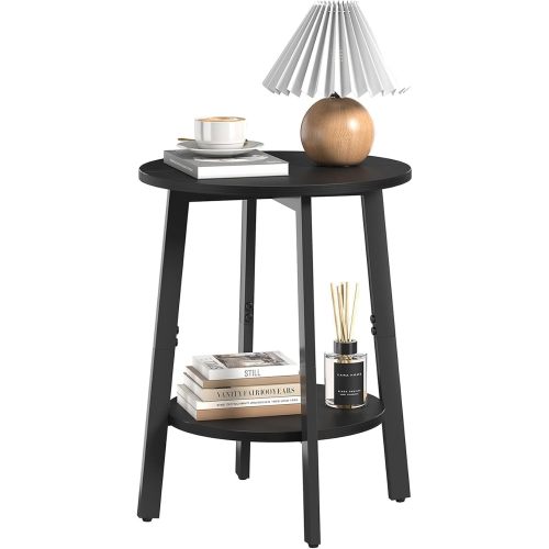 Side Table, Small Round End Table with Storage Shelf for Small Space, 2-Tier Black Bedside Table Sofa Couch Table, Round Accent Table Nighstands for Living Room, Bedroom, Black