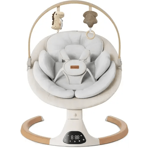 Monamii Balançoire électrique avec haut-parleur musical pour nouveau-né, 5 vitesses et télécommande, utilisation en intérieur et en extérieur (beige clair)
