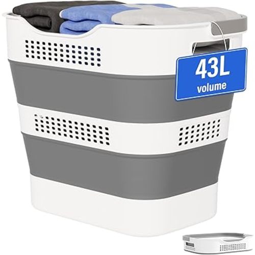 43L(11.5Gallon) Collapsible Laundry Basket with Handles, Foldable Laundry Basket Plastc,Pop Up Tall Storage Container/Organizer/Clothes Hamper for Laundry (Grey,1 Pack)