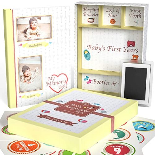 Little Growers Baby Memory Book WITH Keepsake Box, Baby Milestone Stickers AND Baby Footprint Kit - First 5 Years New Baby Scrapbook AND Photo Album, 5 Baby Shower Gifts in 1, for Newborn Boy or Girl - Gender Neutral