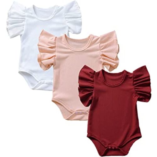 Baby Girls' Short-Sleeve Bodysuit Funny Ruffles Flower Jumpsuit Outfit for Infant Toddlers 3-Pack