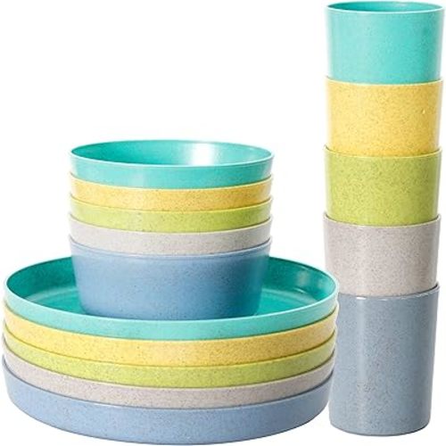 Youngever 15 pcs Bamboo Kids Dinnerware Set of 5 in 5 Assorted Colors, Toddler Dining Set, Cups, Kids Plates, Kids Bowls, Kids Dishes Set