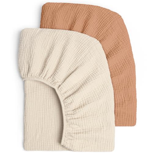 Lulu moon Muslin Crib Sheets - Fitted Crib Mattress Sheets for Boys and Girl - 28"x 52", 2 Pack (Beige & Caramel)