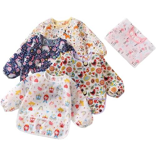 5pcs Set Long Sleeve Waterproof Bib Full Coverage Apron Bib Smock Toddler Bibs with Pocket 6-30 Months