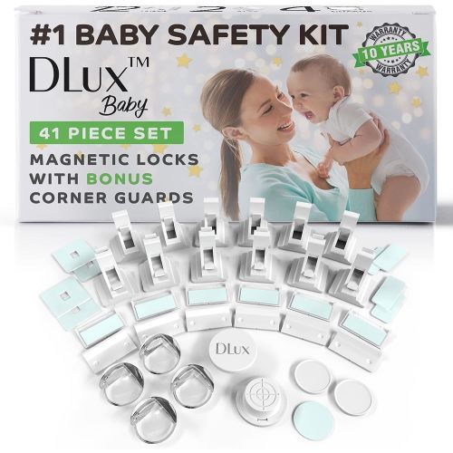 Magnetic Cabinet Locks Child Safety 41-Piece Kit with New Upgraded Adhesive [12 Magnet Locks 2 Keys 4 Corner Guards] Easy Installation No-Drill Baby Proofing Locks to Childproof Cabinets & Drawers