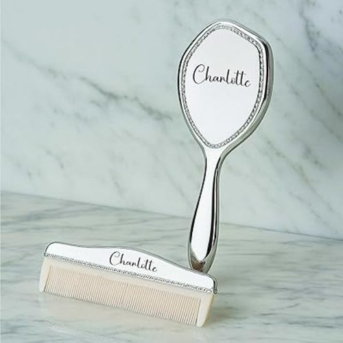 Juego de cepillo y peine chapado en plata grabado, kit de aseo para recién nacidos, cepillo de cerdas suaves, regalo de recuerdo personalizado para baby shower, bautizo, bautismo.