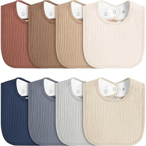 8-Pack Baby Muslin Bibs, Soft Cotton Drool Bibs for Boys Girls, Adjustable and Absorbent Newborn Bib Set for Feeding and Drooling