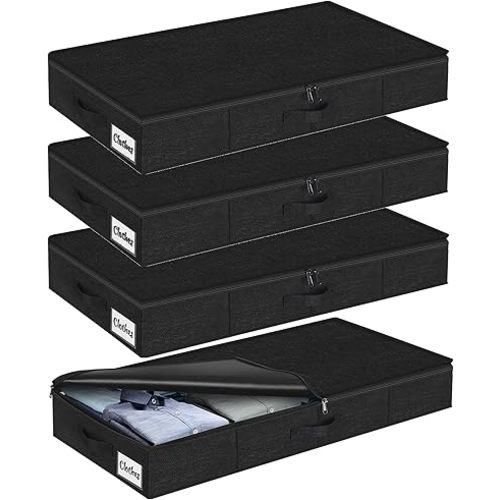 Under Bed Storage Container Bin 4 Pack, 4.5 Inch Slim Low Profile Underbed Clothes Storage Organizer for Dorm & Home, Use for Blanket and Toy Storage Box W/ Sturdy Bottom/Sides, Foldable Thick Fabric
