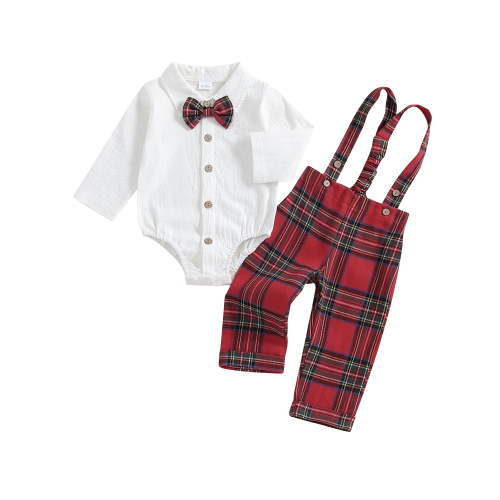 Suealasg Christmas Newborn Baby Boy Gentleman Outfit Long Sleeve Lapel Neck Romper+ Plaid Suspender Pants + Bow Tie 0 6 9 12 18 Months Infant Boys Fall Winter 3Pcs Clothes Set