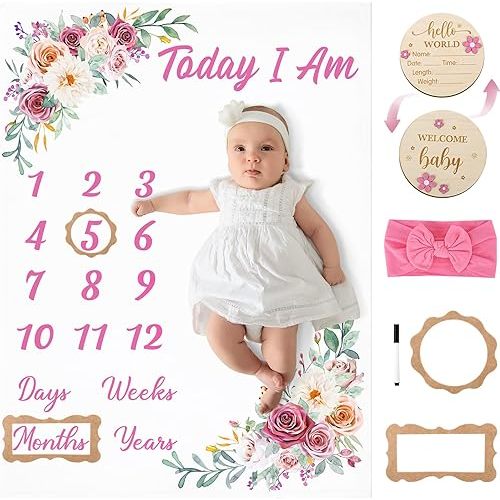 Floral Baby Milestone Blanket for Baby Girls Flannel Newborn Infant Swaddle Baby Growth Blanket Photography Background with Bow Headband, Frames, Wooden Signs