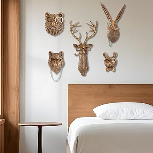 OrnaZest Animal Heads Wall Decor, Animal Sculptures Wall Decor, Faux Head Mount, Resin Animal Head Wall Hanging Decoration for Living Room Bedroom Kitchen Gift,5PCS
