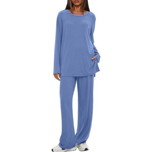 Darong Women's 2 Piece Lounge Set Casual Long Sleeve Crew Neck Tops Wide Leg Pants Travel Airport Outfit Matching Sets