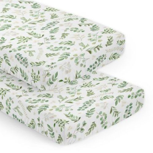 Sweet Jojo Designs Gender Neutral Fitted Crib Sheets Set Botanical Green And White 2pc