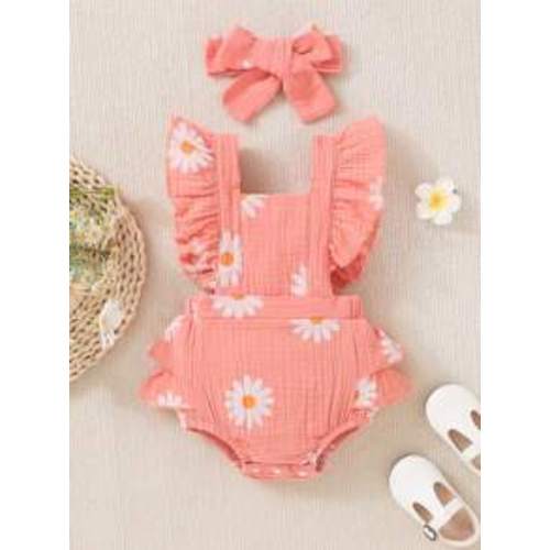 SHEIN Baby Girl Floral Print Ruffle Trim Overall Bodysuit