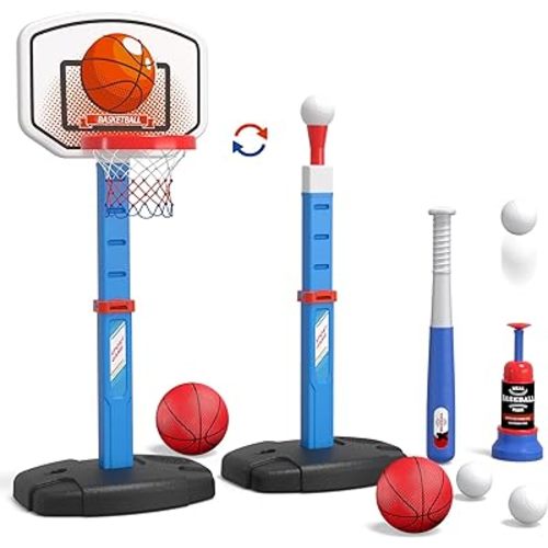 2 in 1 Kids Basketball Hoop and T Ball Set - Adjustable Height, Kids Baseball Tee with Automatic Pitching Machine, Indoor Outdoor Sport Toys Gifts for Toddler Boys Girls, Blue