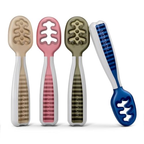 NumNum Baby Spoons Set, Pre-Spoon GOOtensils for Kids Aged 6+ Months - First Stage, Baby Led Weaning (BLW) Teething Spoon - Self Feeding, Silicone Toddler Food Utensils - 4 Spoons, Neutral Colors - 6-12 months Neutrals