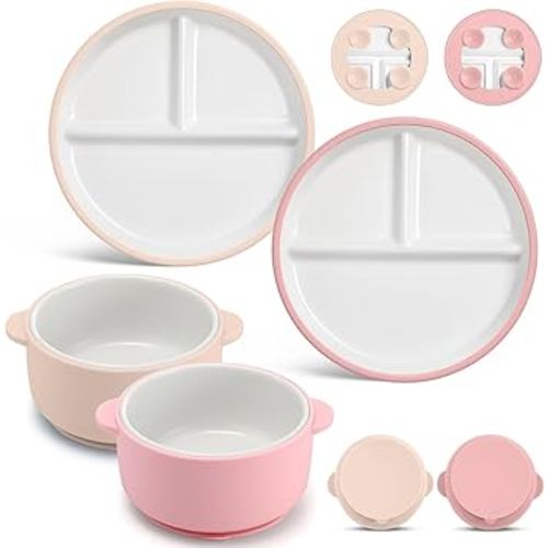 Domensi 4 Pcs Porcelain Kids Plates and Bowls Sets with Suction, 2 Ceramic Toddler Divided Plates 2 Baby Anti Slip Silicone Sleeve Bowls for Feeding Supplies Microwave Dishwasher Safe (Pink,Beige)