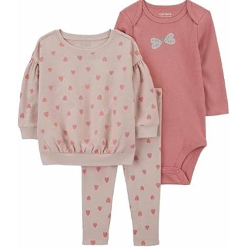 Carter's Just One You Baby Girls' 3-Pc Hearts Top & Bottom Set - (Beige/Pink Hearts, 12 Months)