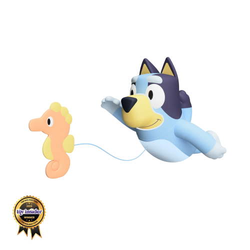 TOMY Toomies Swimming Bluey  Bluey Bath Toy with Seahorse  Water Toy for Tub or Pool that Swims on Back or Front  Suitable From 18 Months