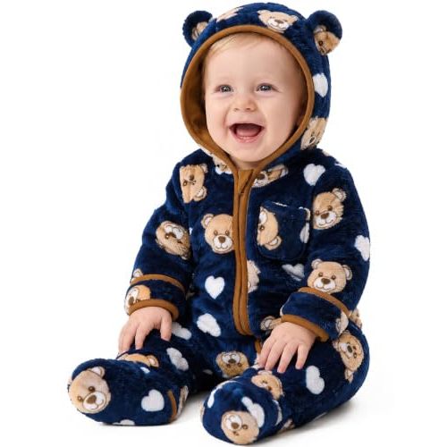 Jecson Baby Snowsuit Newborn Bear Hooded Fleece Outfit Baby Clothes 0M-12M | Soft comfortable baby snowsuit with pilling resistant fleece fold over mittens and footies washer friendly easy clean