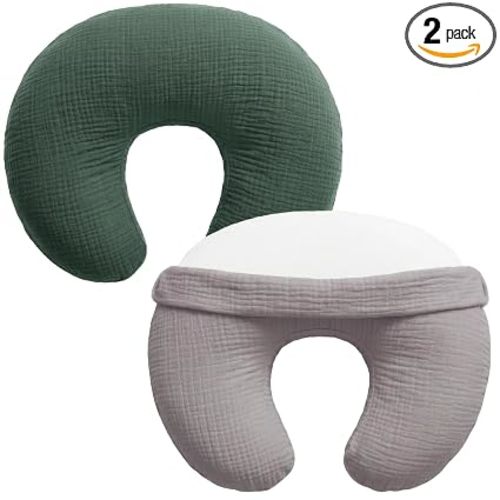 Pro Goleem Muslin Nursing Pillow Cover, 100% Cotton Soft Breathable Feeding Pillow Slipcover for Breastfeeding Moms, Fits Standard Infant Nursing Pillow, for Boys and Girls, 2 Pack (Grey＆Green)