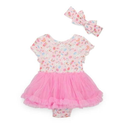 Hello Kitty Baby Girl Allover Print Tutu Dress with Matching Bow Headband, Sizes 0/3M-24M