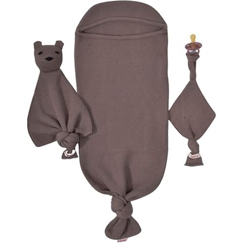 Newborn Essential Baby Swaddle Blanket Set, 1 Piece Set (1 Pacifier Holder, 1 Cocoon Swaddle Sleep Sack, 1 Teddy Bear), 0-8 Months Baby -Coffee