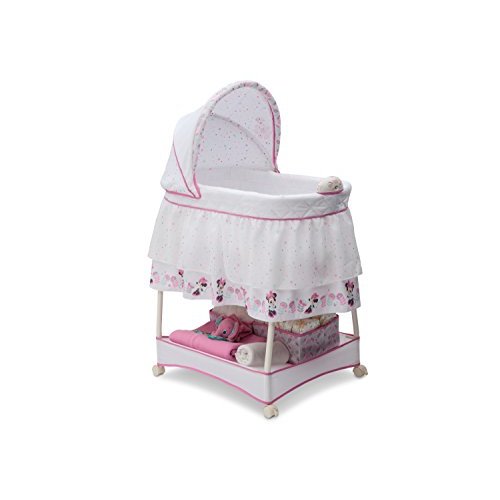 Delta Children Gliding Bedside Bassinet - Portable Crib with Lights, Sounds and Vibration, Disney Minnie Mouse Boutique