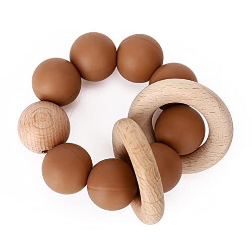 Socub Baby Teething Toy, Organic Baby Teething Ring, Silicone & Beech Baby Rattle Teether for baby 3+ Months, BPA Free, Clay