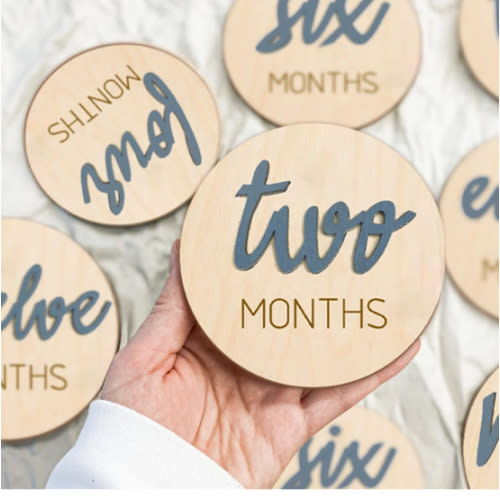 Baby Monthly Milestone Markers Disc, Wooden 3D Milestone Cards for Photos, Baby Announcement Sign,Slate Blue, 1-12 Months, 4 Inches in Size.